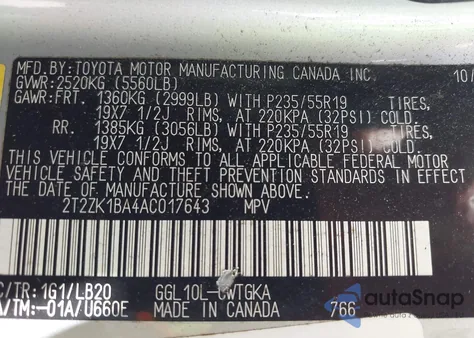 2010 Lexus Rx 350 z USA, uszkodzony, nr VIN 2T2ZK1BA4AC017643